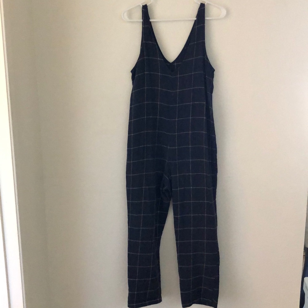 Blue and grey plaid jumpsuit